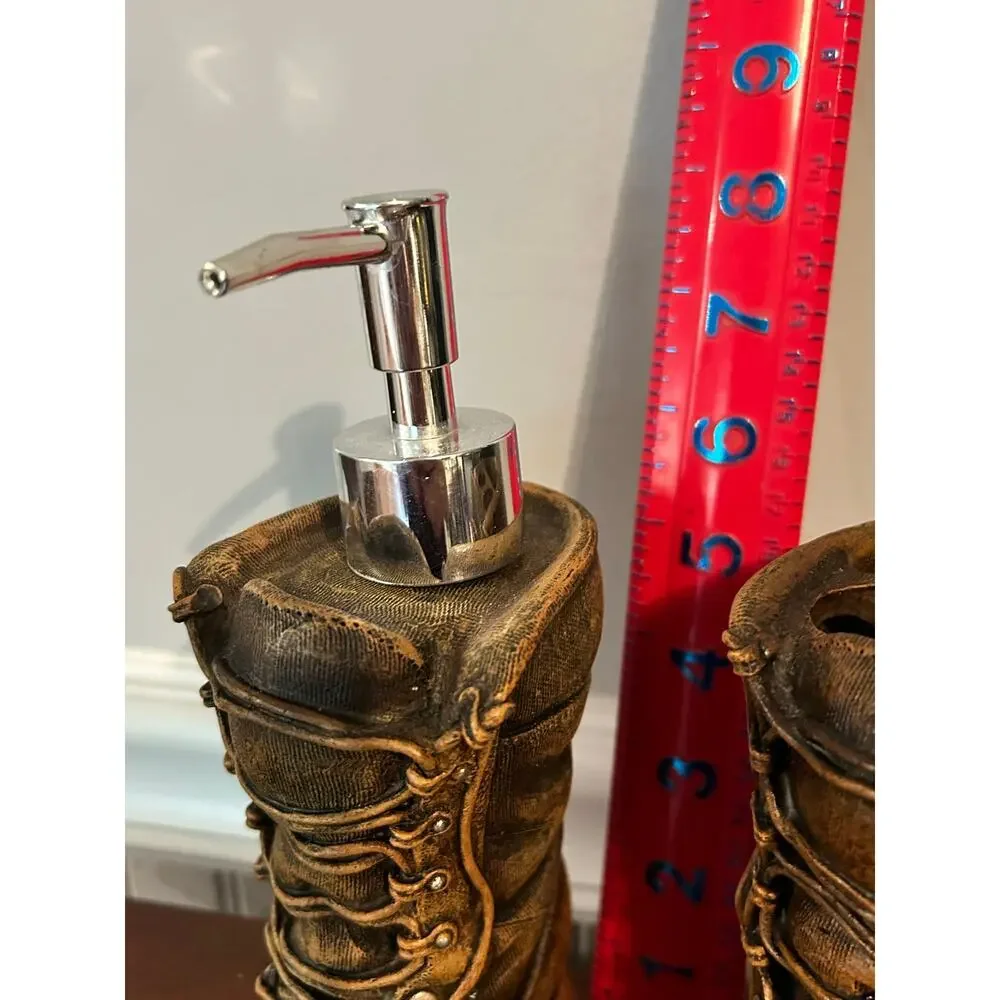 Vintage Western Cowboy Boot Soap Dispenser Toothbrush Holder Set Rustic